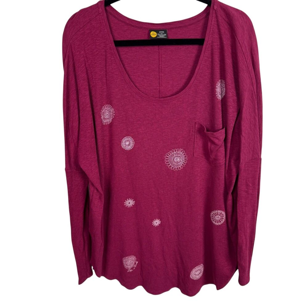 Life Is Good Women's Top Size XXL/2X Dark Pink/White Print Long Sleeves
